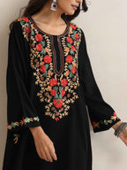 trueBrowns Black Kashmiri Embroidered Woollen Phiran Kurta | Grocsy
