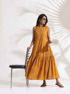 trueBrowns Mustard Cotton Print Tier Dress | Grocsy
