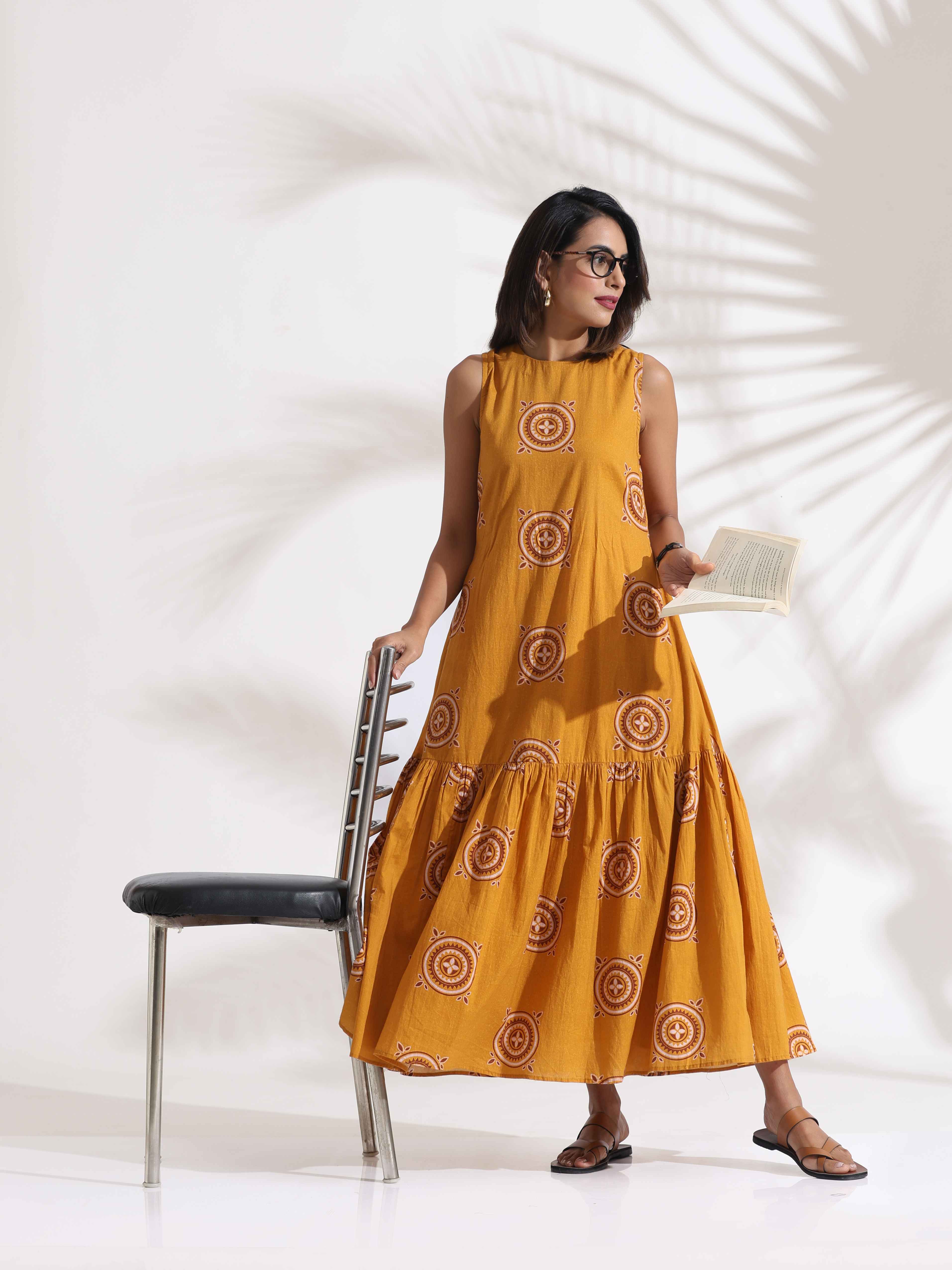trueBrowns Mustard Cotton Print Tier Dress | Grocsy
