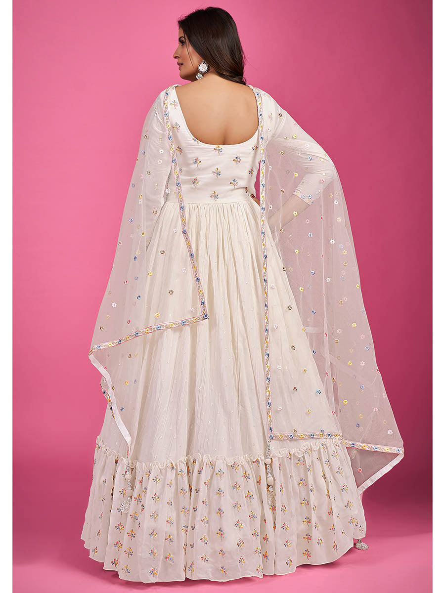 Myra White Pure Georgette Embroidered Gown | Grocsy