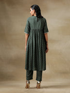trueBrowns Dark Green Bandhani Printed Silk Side Gathered Kurta Pant Set | Grocsy