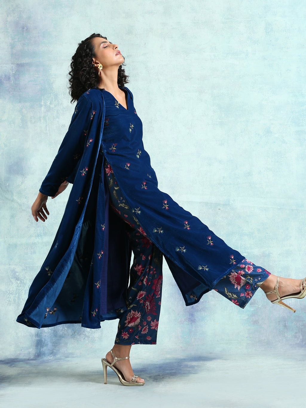 trueBrowns Blue Embroidered Velvet Overlay Jacket | Grocsy