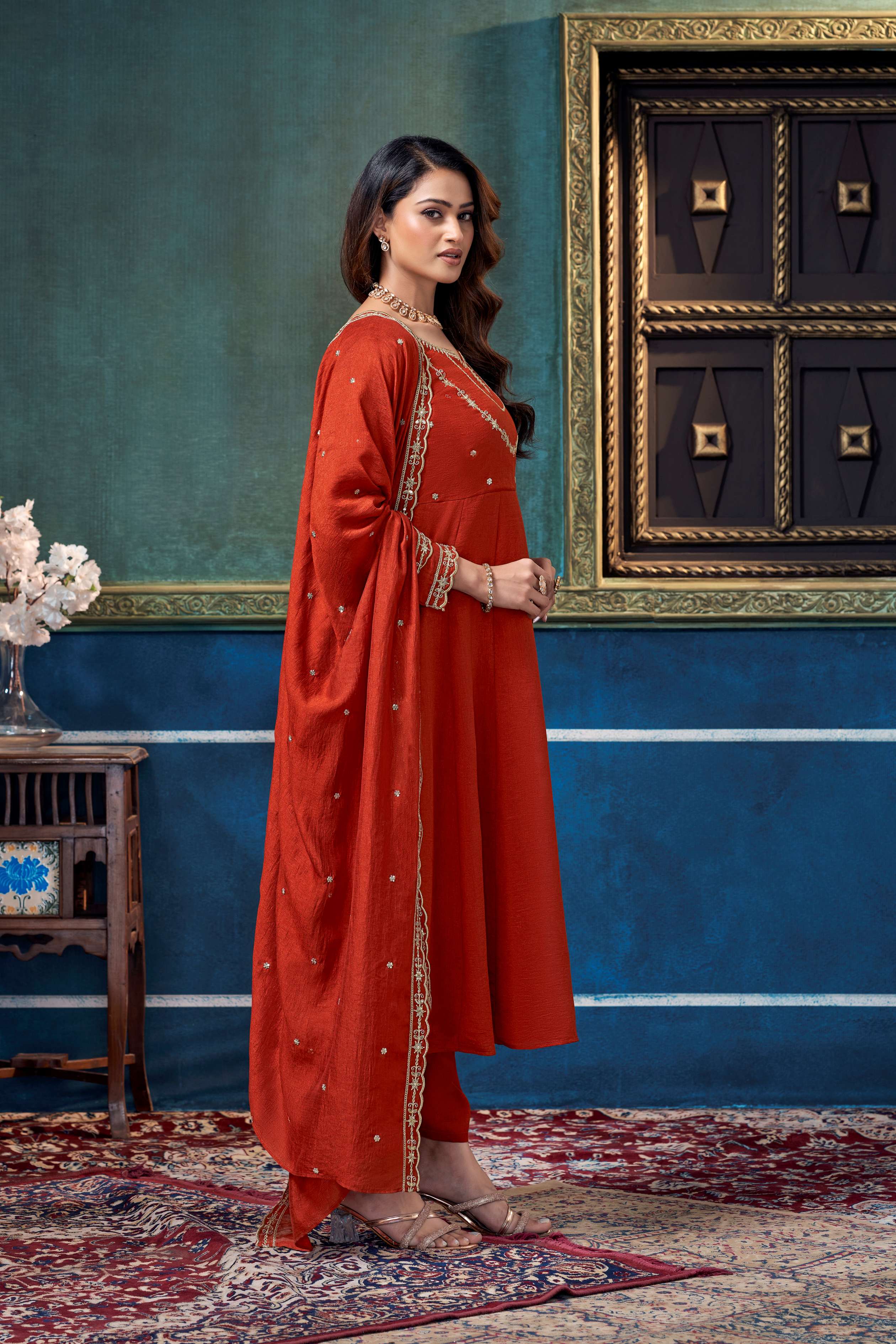 Anaita Rust Anarkali Readymade Suit with Embroidery Work | Grocsy