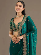 Tulsi Art Charming Green Zari Embroidered Silk Reception Wear Saree With Blouse | Grocsy