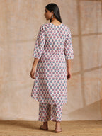 trueBrowns White With Pink Blue Floral Block Print Cotton Flared Slit Kurta Pant Set | Grocsy