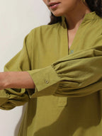 trueBrowns Pear Green Cotton Linen Kurta Pant Set | Grocsy