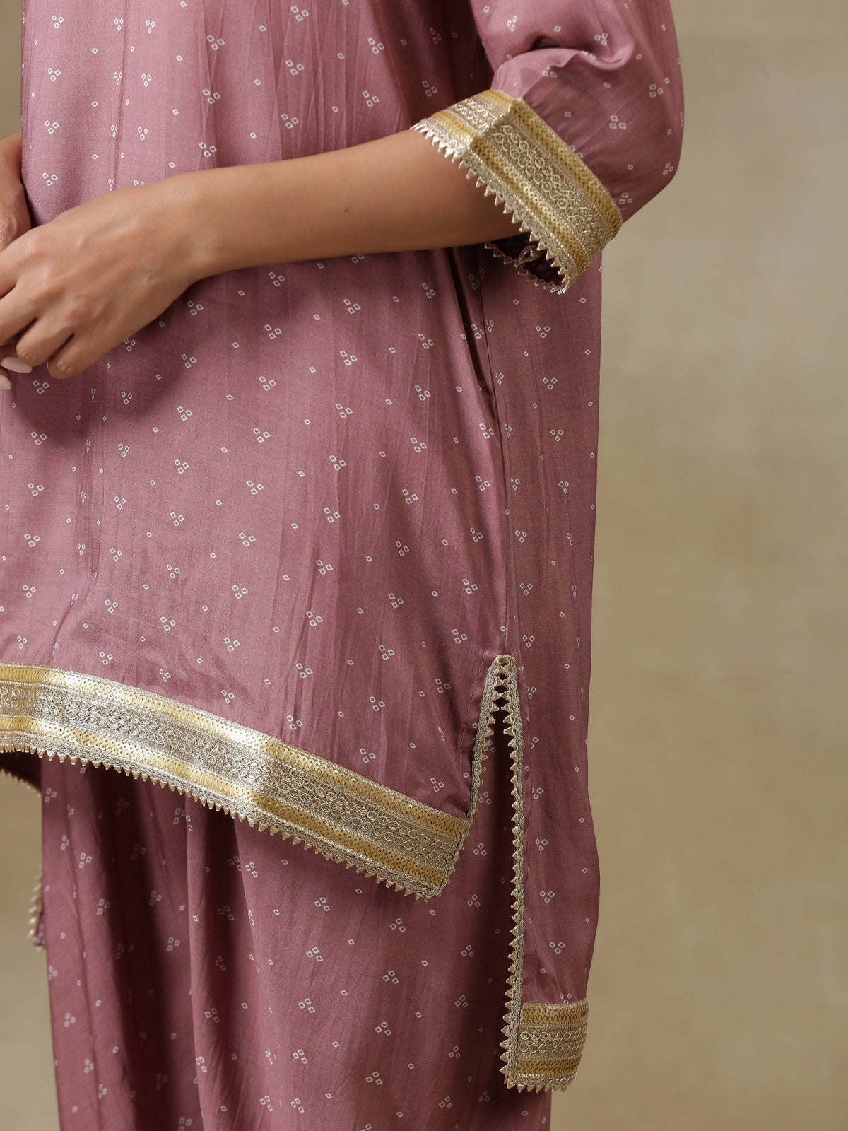 trueBrowns Dark Mauve Bandhani Printed Silk Loose Kurta Dhoti Pant Set | Grocsy