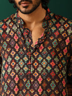 trueBrowns Men's Black Ikat Muslin Silk Printed Co-ord Set | Grocsy