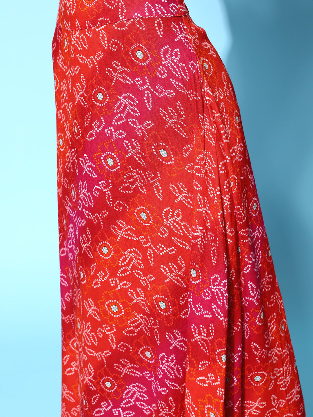 InWeave Women's Red Bandhej Crop Top With Skirt Set | Grocsy