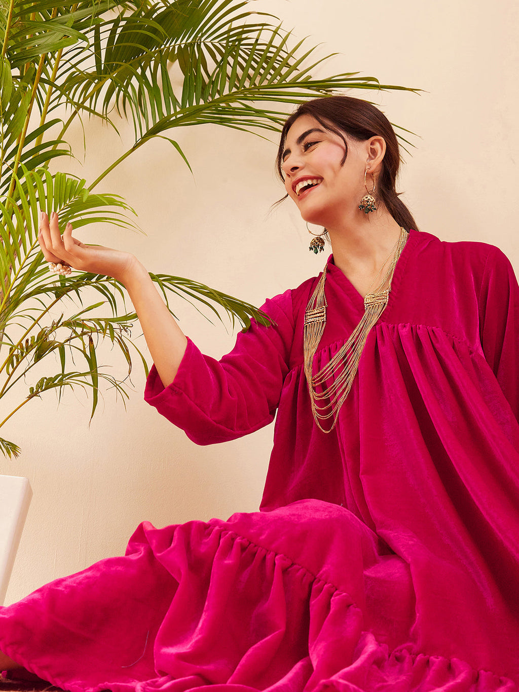 InWeave Women's Fuchsia Velvet Manderia V Neck Flared Dress | Grocsy