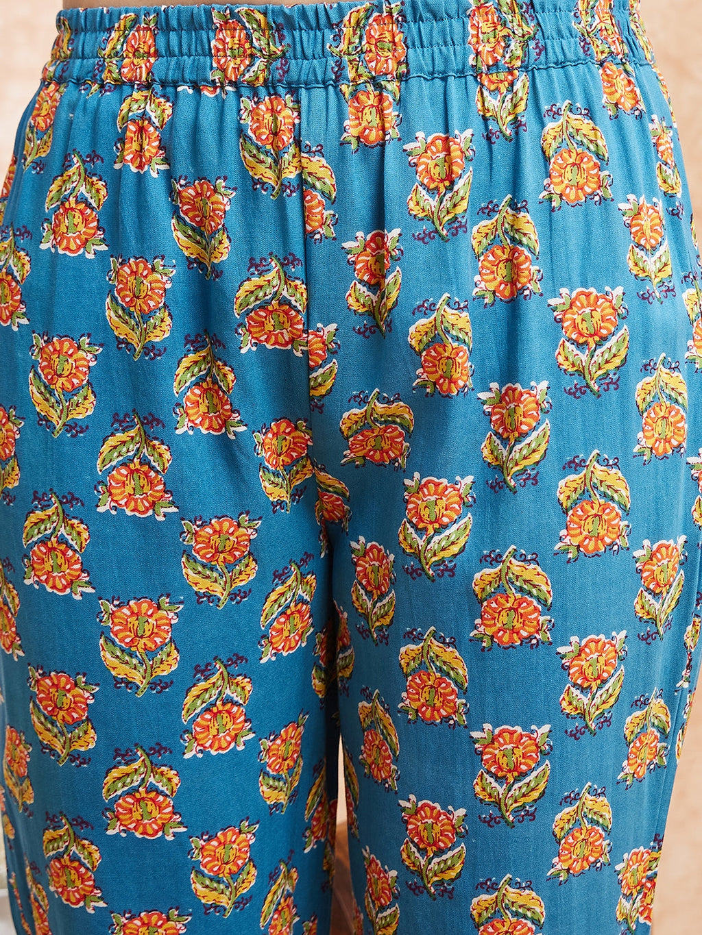 InWeave Women's Blue Orange Floral Yellow White Leh V Neck Kurta Set | Grocsy