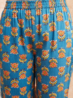 InWeave Women's Blue Orange Floral Yellow White Leh V Neck Kurta Set | Grocsy