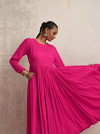 trueBrowns Pink Crinkle Anarkali Kurta Pant Dupatta Set | Grocsy