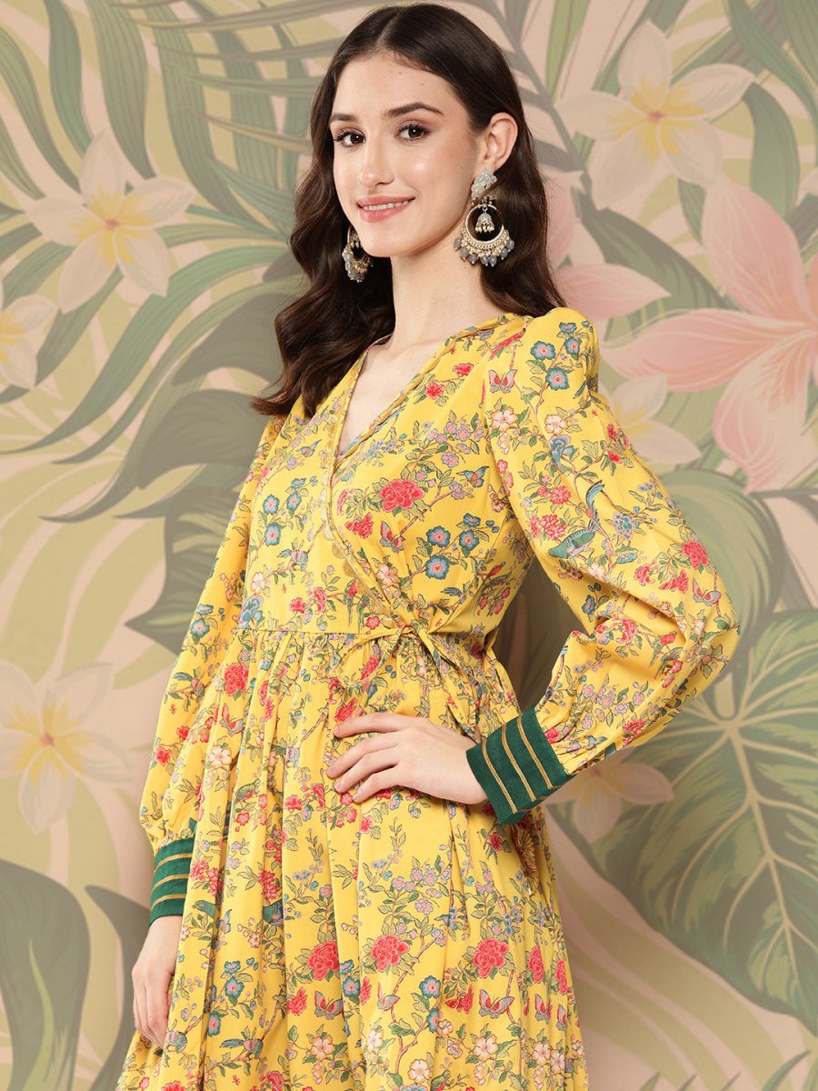 Ahalyaa Floral Printed Tie-Ups Crepe Empire Ethnic Dress | Grocsy
