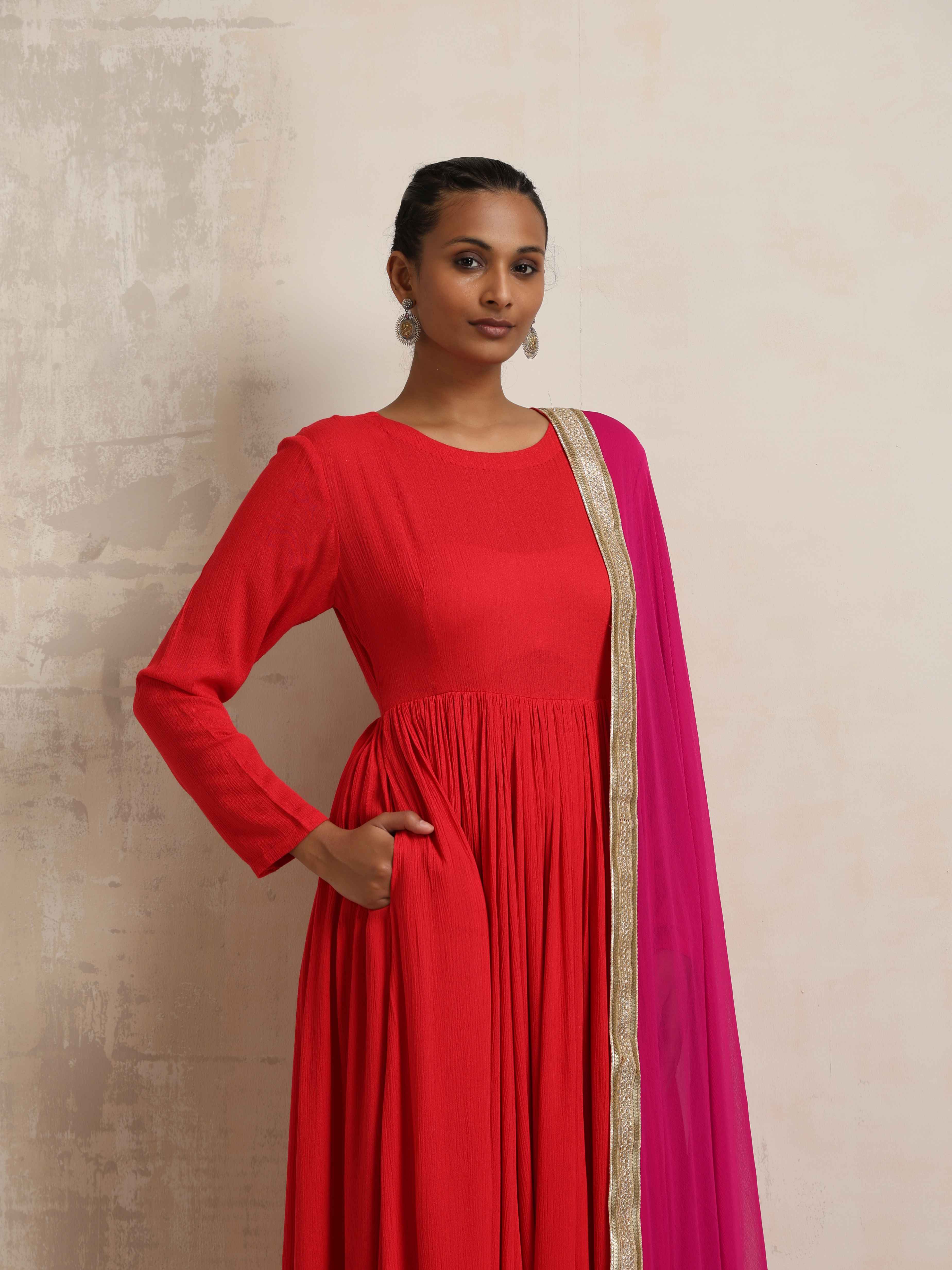 trueBrowns Red Crinkle Anarkali Kurta Pant Dupatta Set | Grocsy