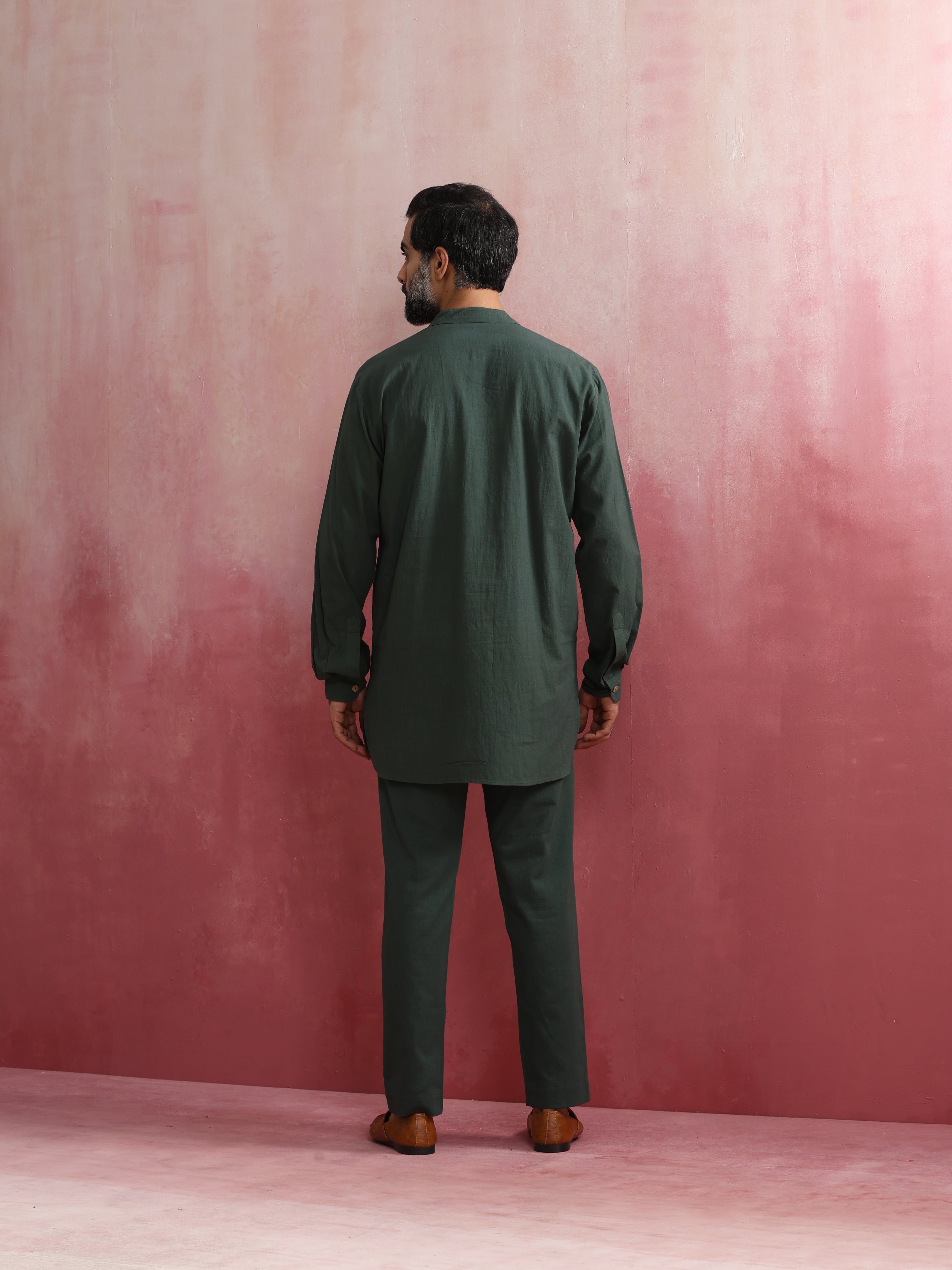trueBrowns Men's Green Cotton Mandarin Collar Kurta Co-ord set | Grocsy