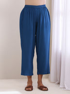 trueBrowns Classic Blue Dobby High Slit Gathered Kurta Set | Grocsy