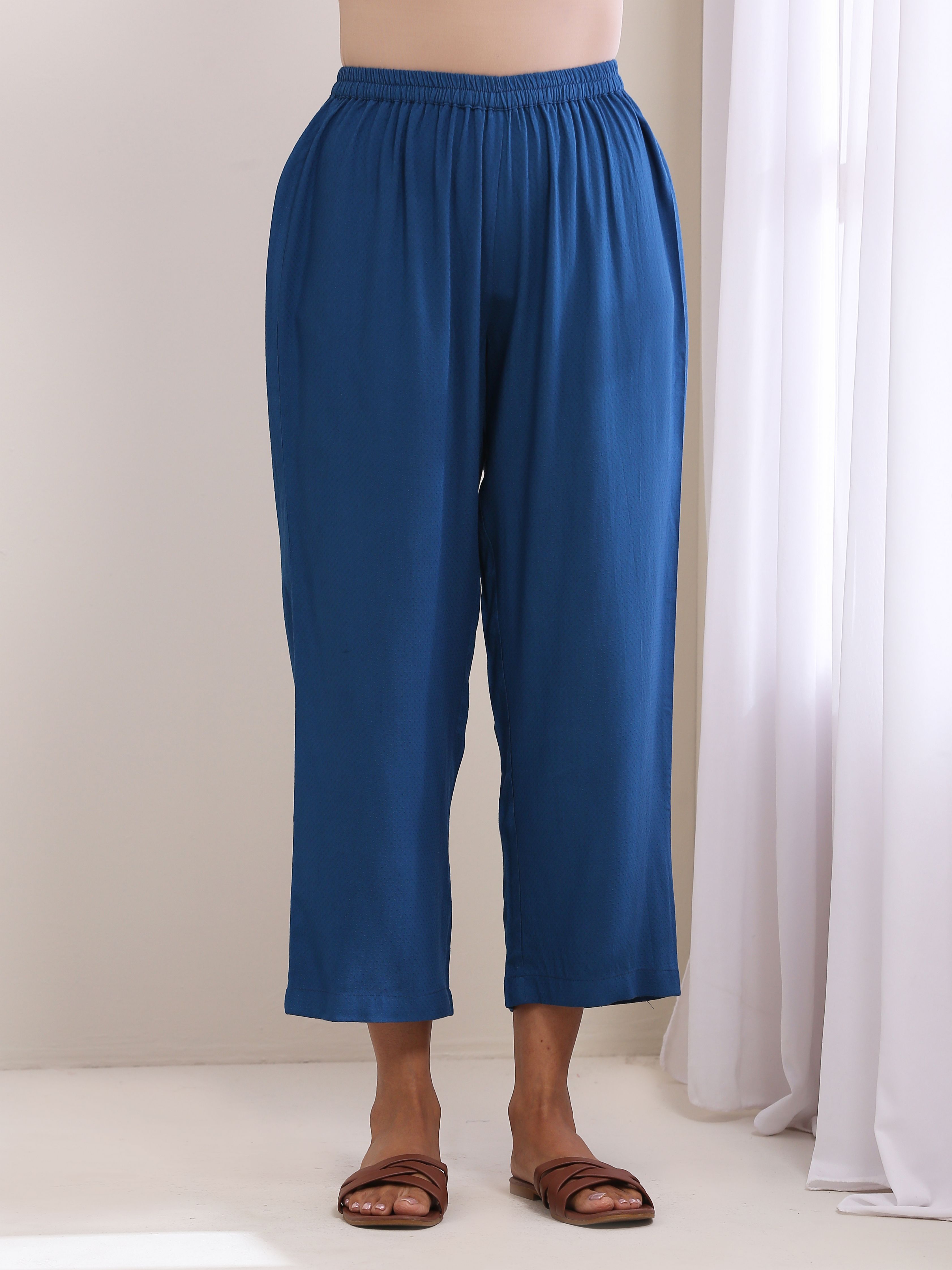 trueBrowns Classic Blue Dobby High Slit Gathered Kurta Set | Grocsy