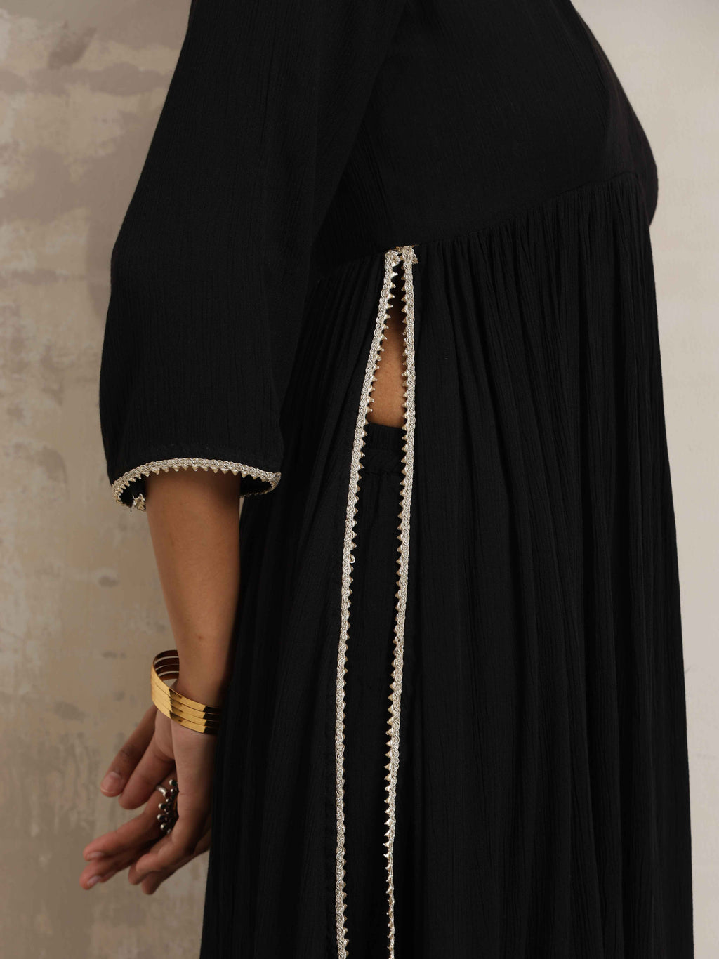 trueBrowns Black Crinkle Anarkali Flared Kurta Set | Grocsy