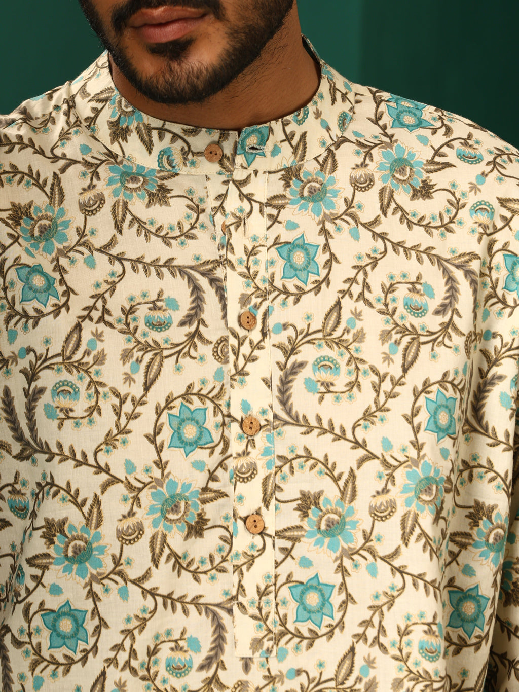 trueBrowns Men's Teal Floral Cotton Printed Co-ord Set | Grocsy