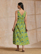 trueBrowns Lime Green Overall Teal Floral Block Print Cotton Sleeveless Wrap Dress | Grocsy