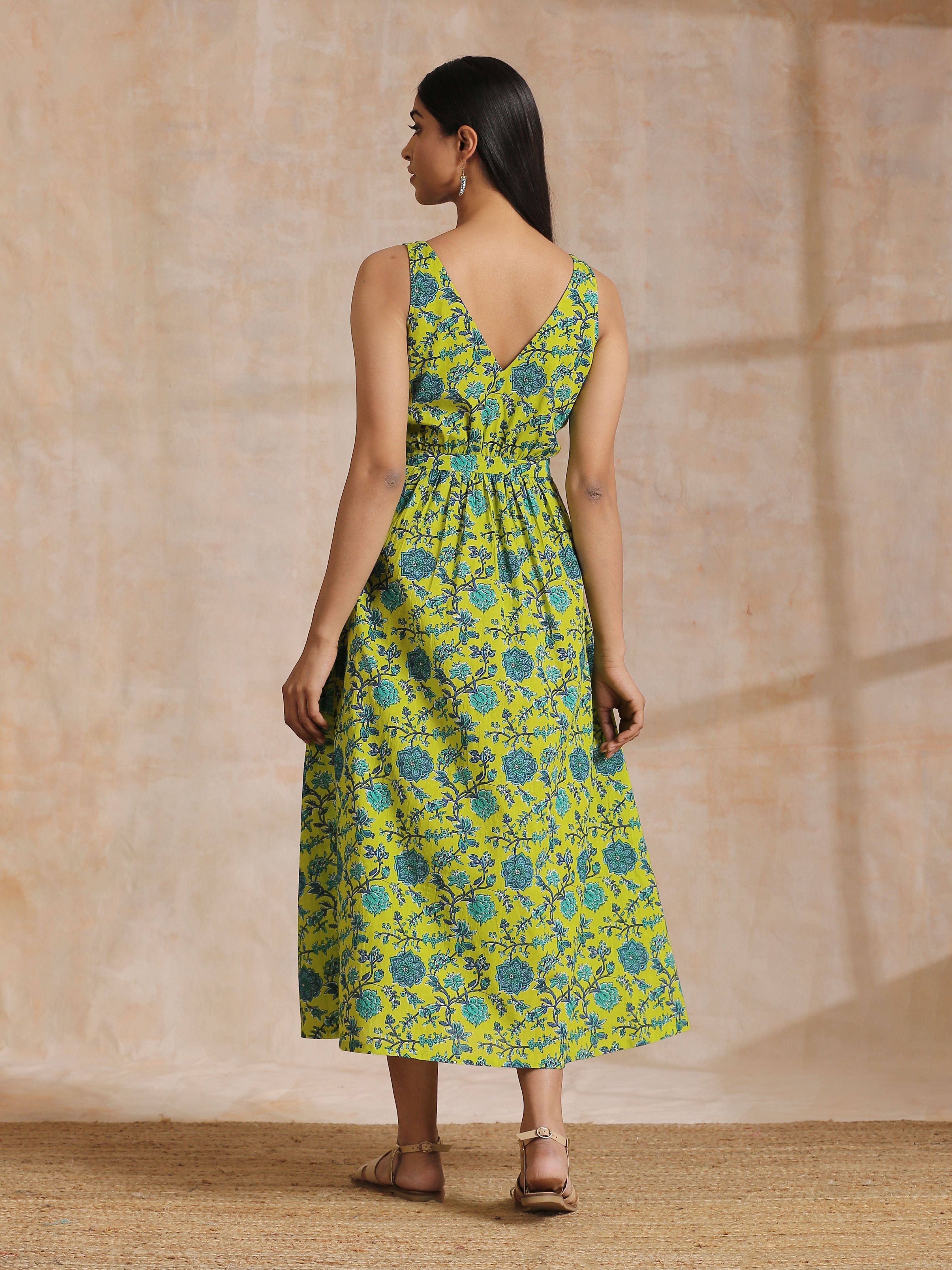 trueBrowns Lime Green Overall Teal Floral Block Print Cotton Sleeveless Wrap Dress | Grocsy