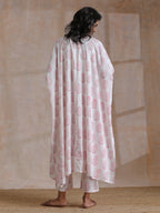 trueBrowns Pink Big Buta On White Print Cotton Panel Kaftan Kurta Pant Set | Grocsy