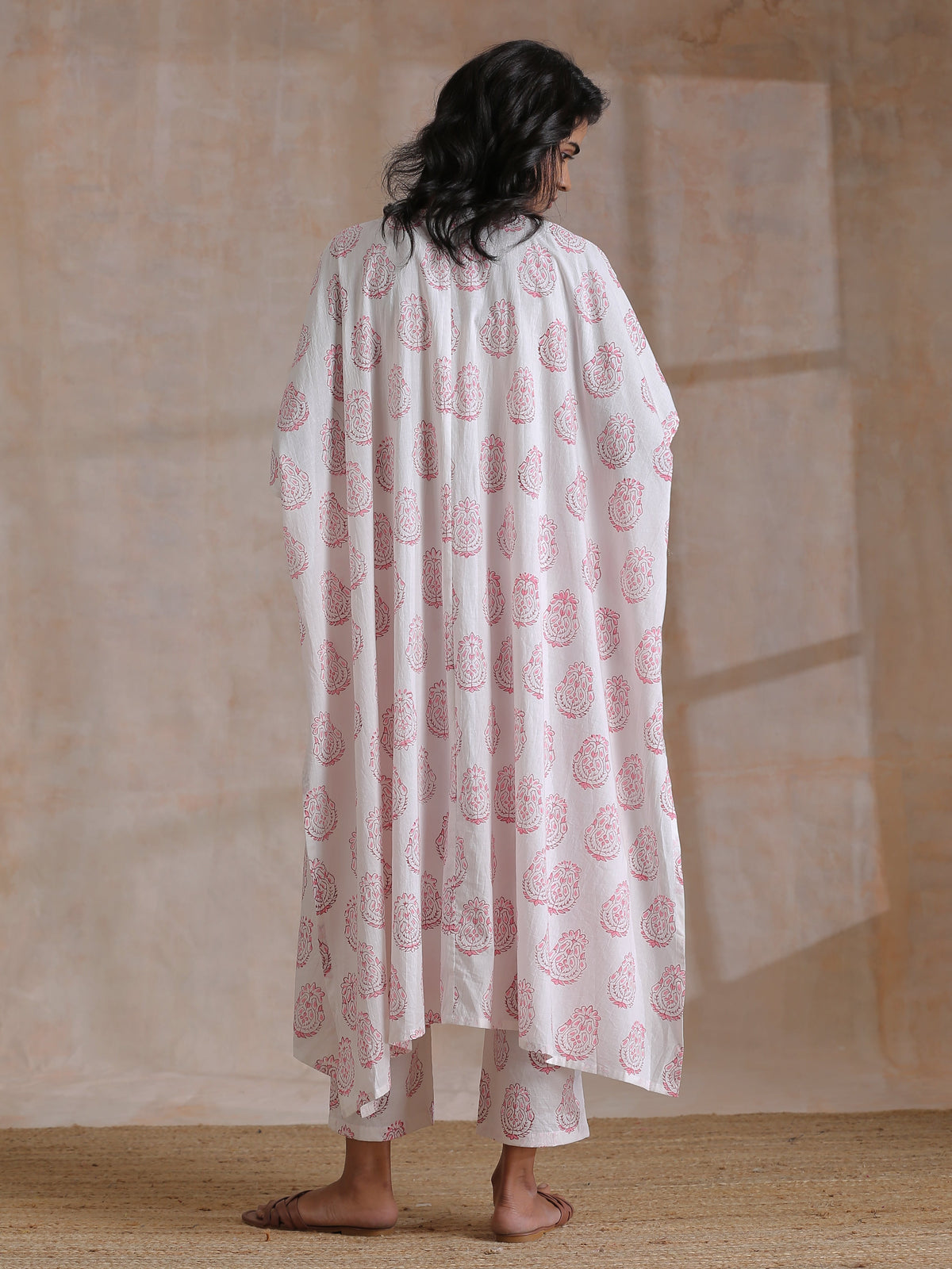 trueBrowns Pink Big Buta On White Print Cotton Panel Kaftan Kurta Pant Set | Grocsy