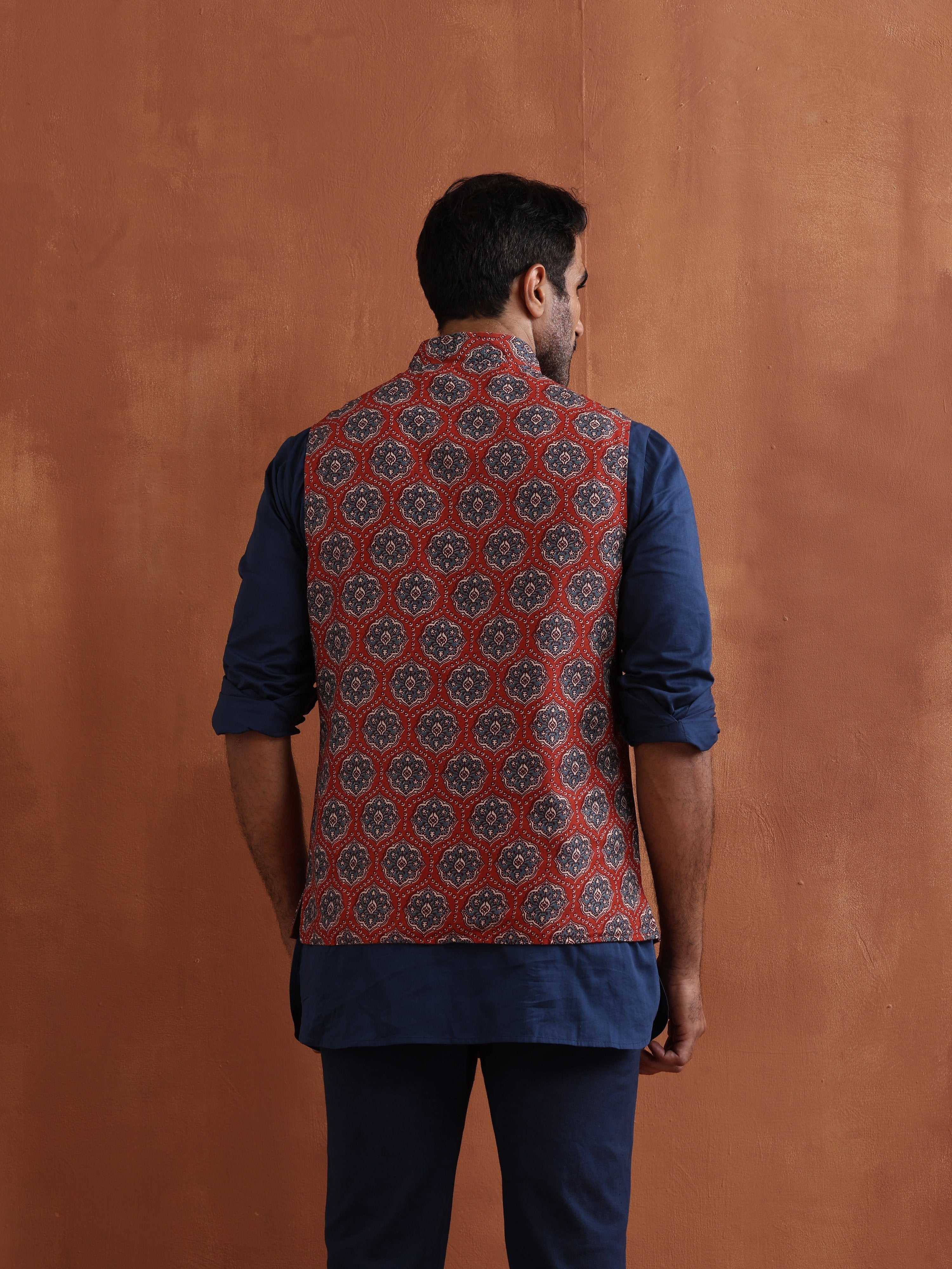 trueBrowns Men's Rust Printed Reversible Nehru Jacket | Grocsy