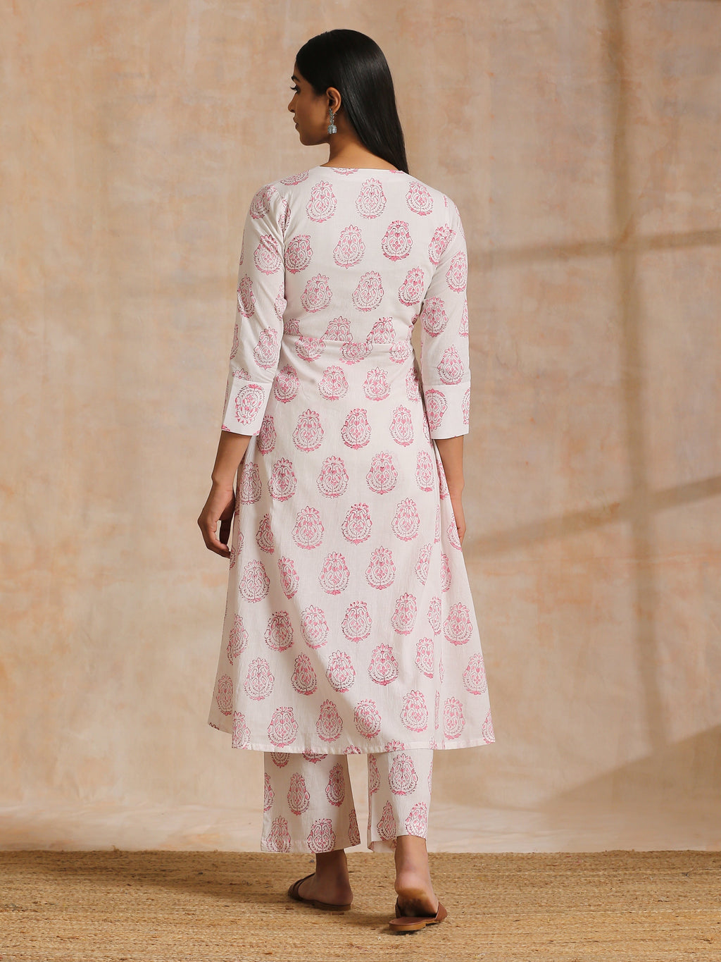 trueBrowns Pink Big Buta On White Print Cotton Angrakha Kurta Pant Set | Grocsy