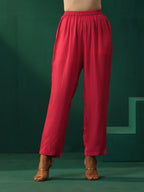 trueBrowns Pink Floral Viscose Silk Round Neck Co-ord Set | Grocsy
