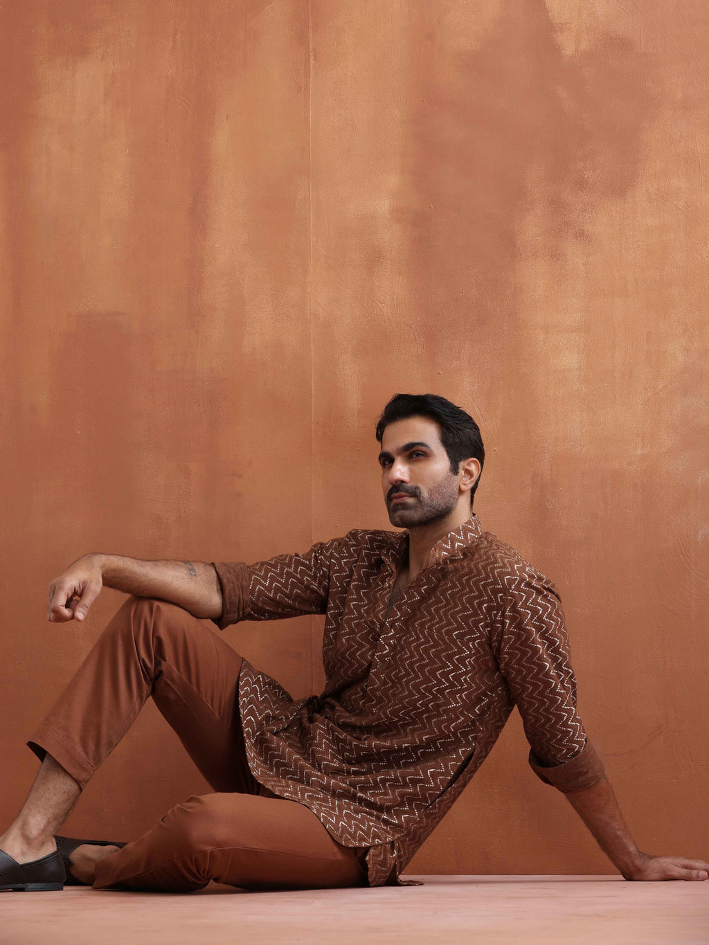 trueBrowns Men's Brown Cotton Dobby Short Kurta | Grocsy