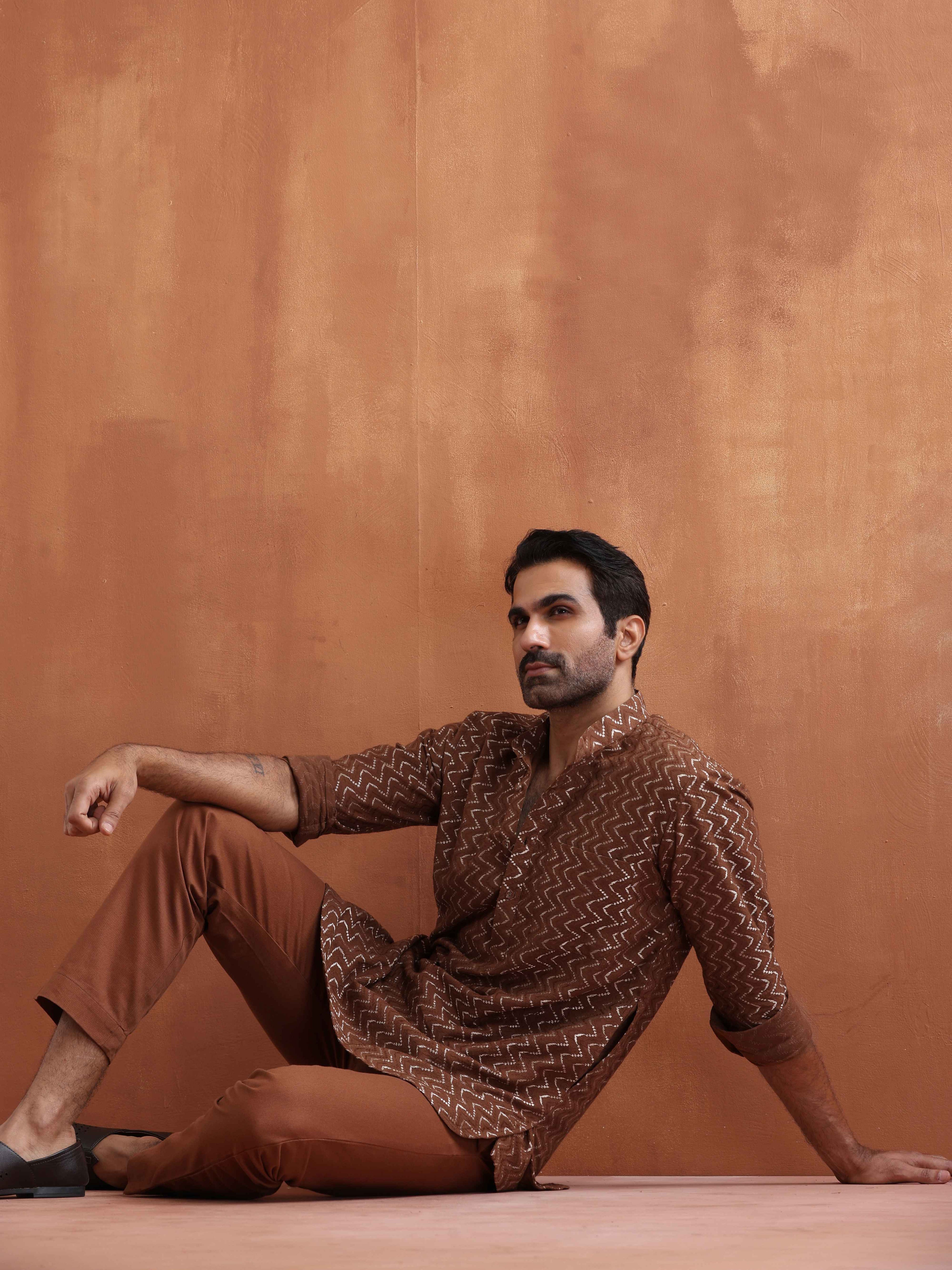 trueBrowns Men's Brown Cotton Dobby Short Kurta | Grocsy