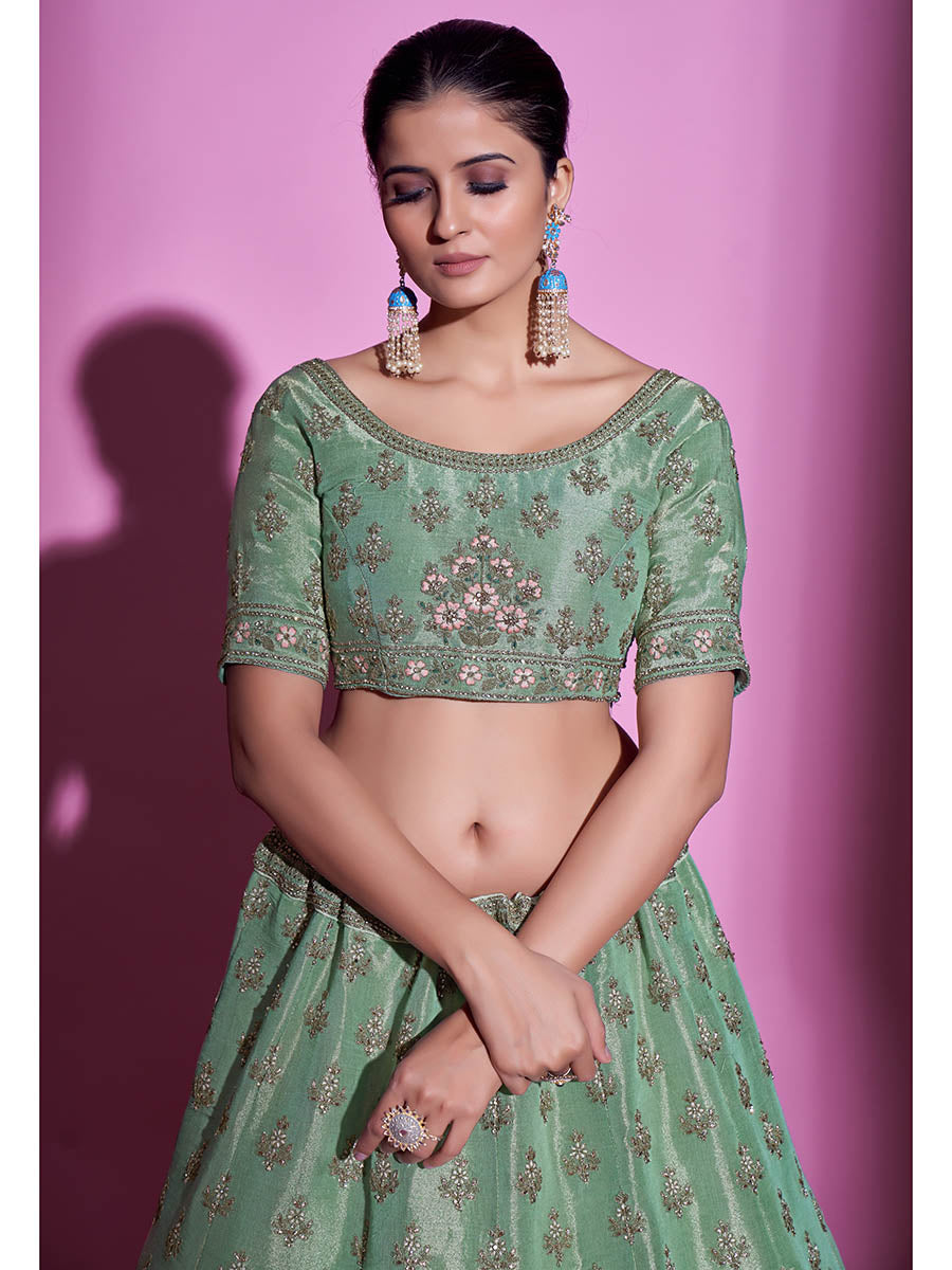 Myra Pista Green Gota Silk Embroidered Designer Lehenga Choli | Grocsy