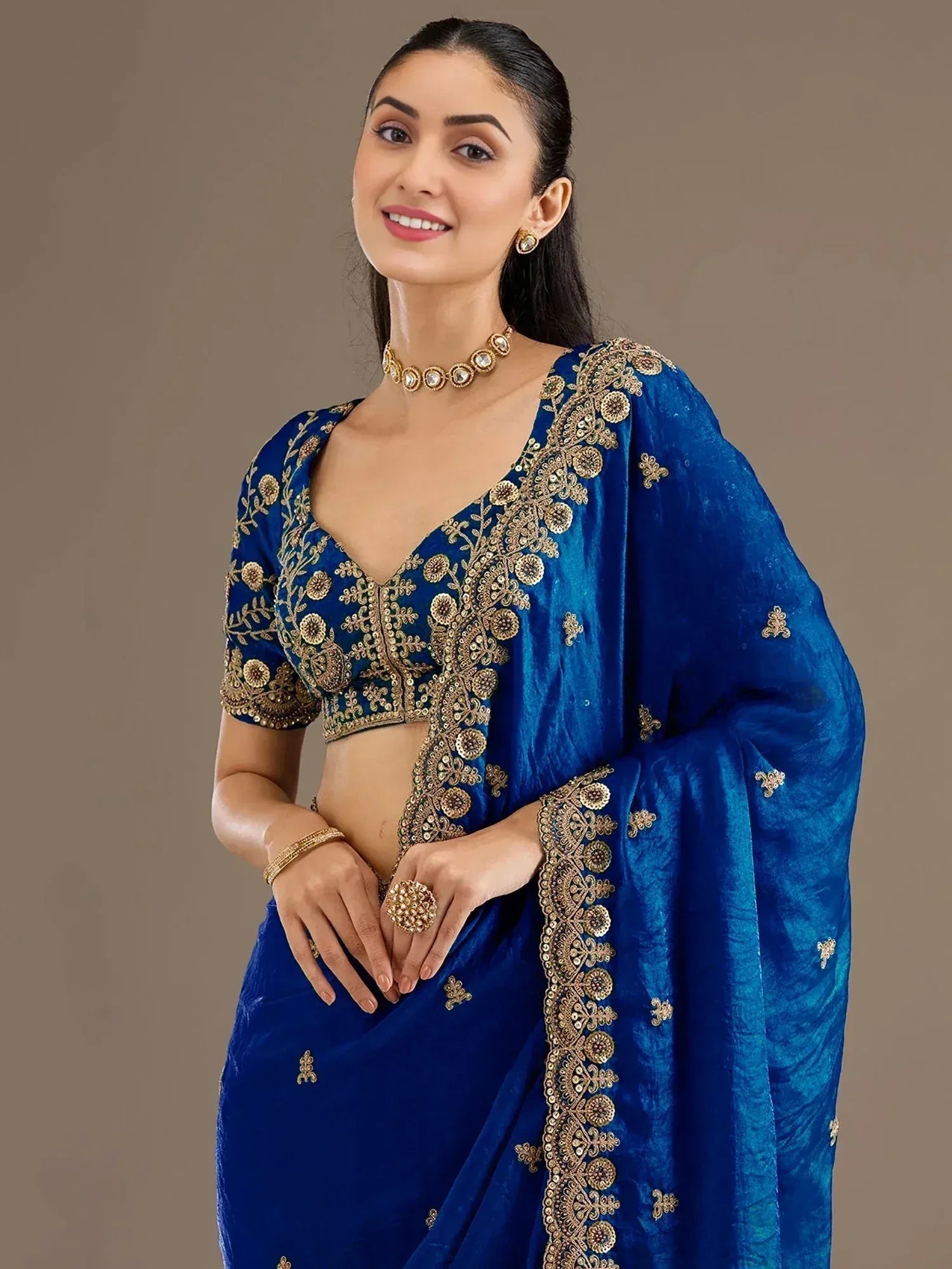Tulsi Art Dazzling Blue Embroidered Silk Festive Wear Saree With Blouse | Grocsy