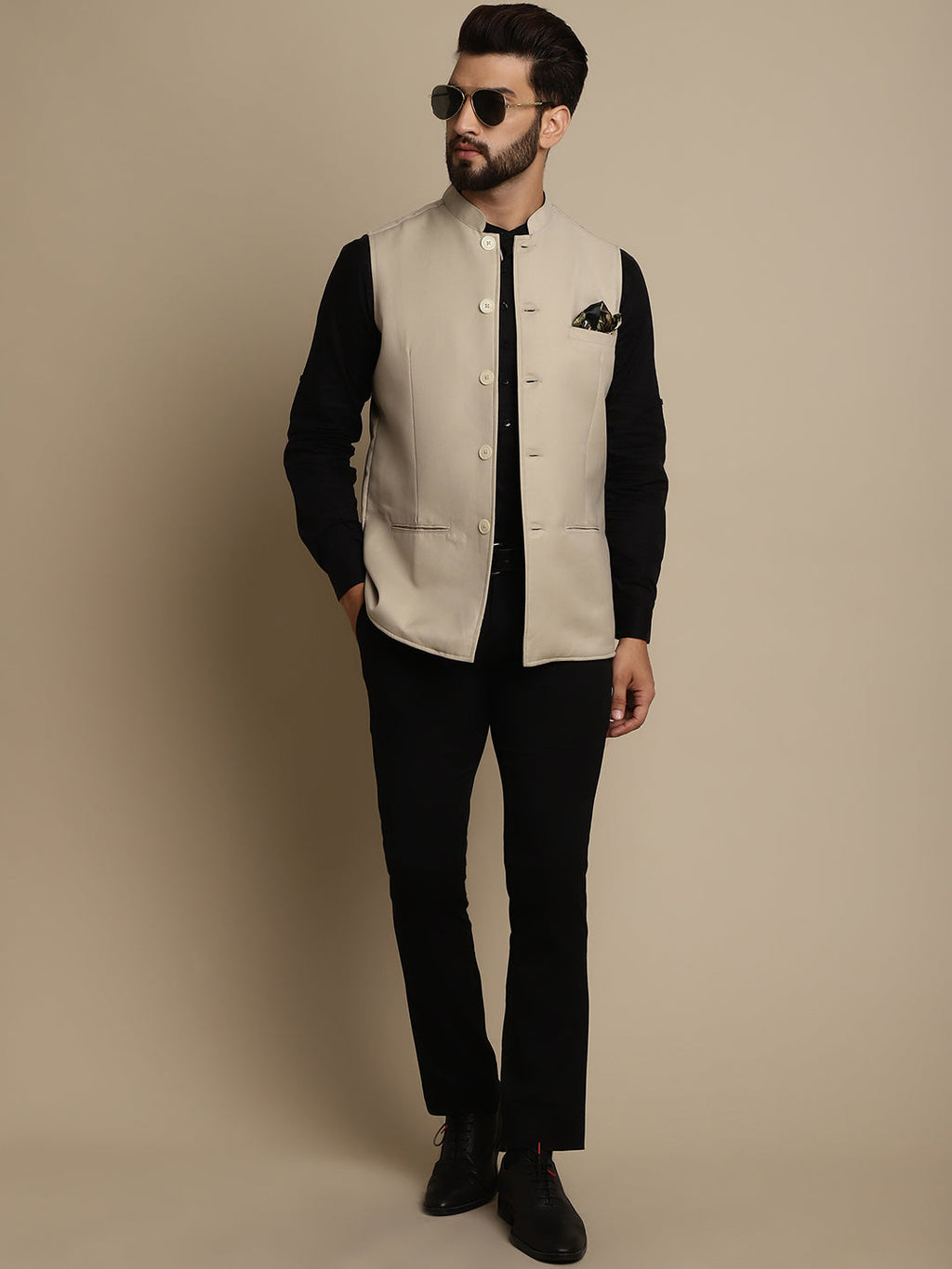 Even Apparels Men's Cream Mandarin Collar Waistcoat | Grocsy