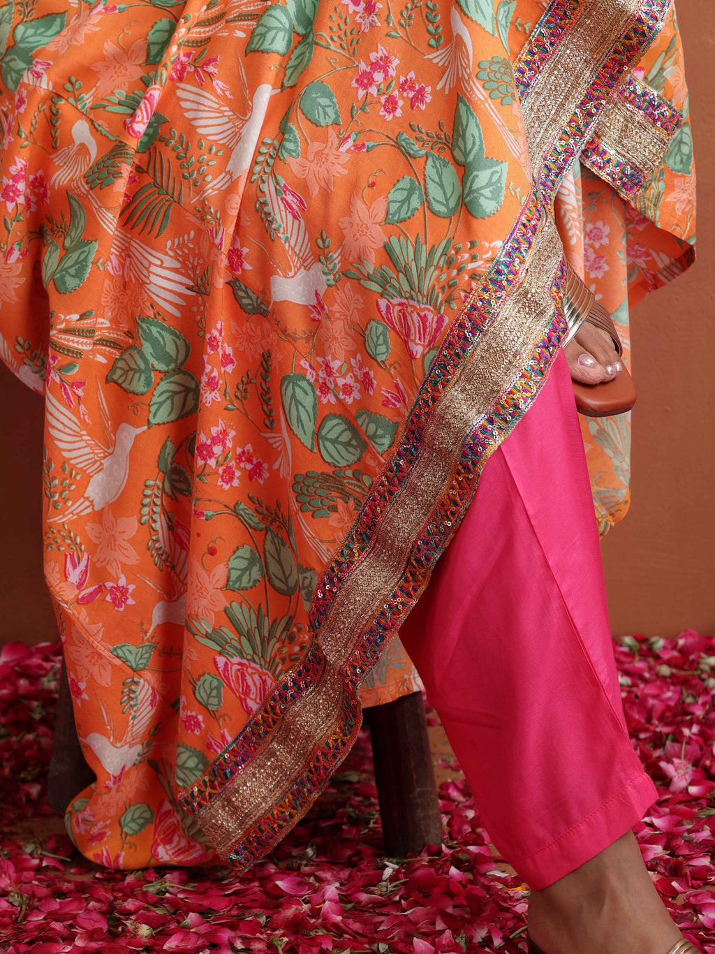trueBrowns Orange Print Flared Anarkali Kurta Set | Grocsy