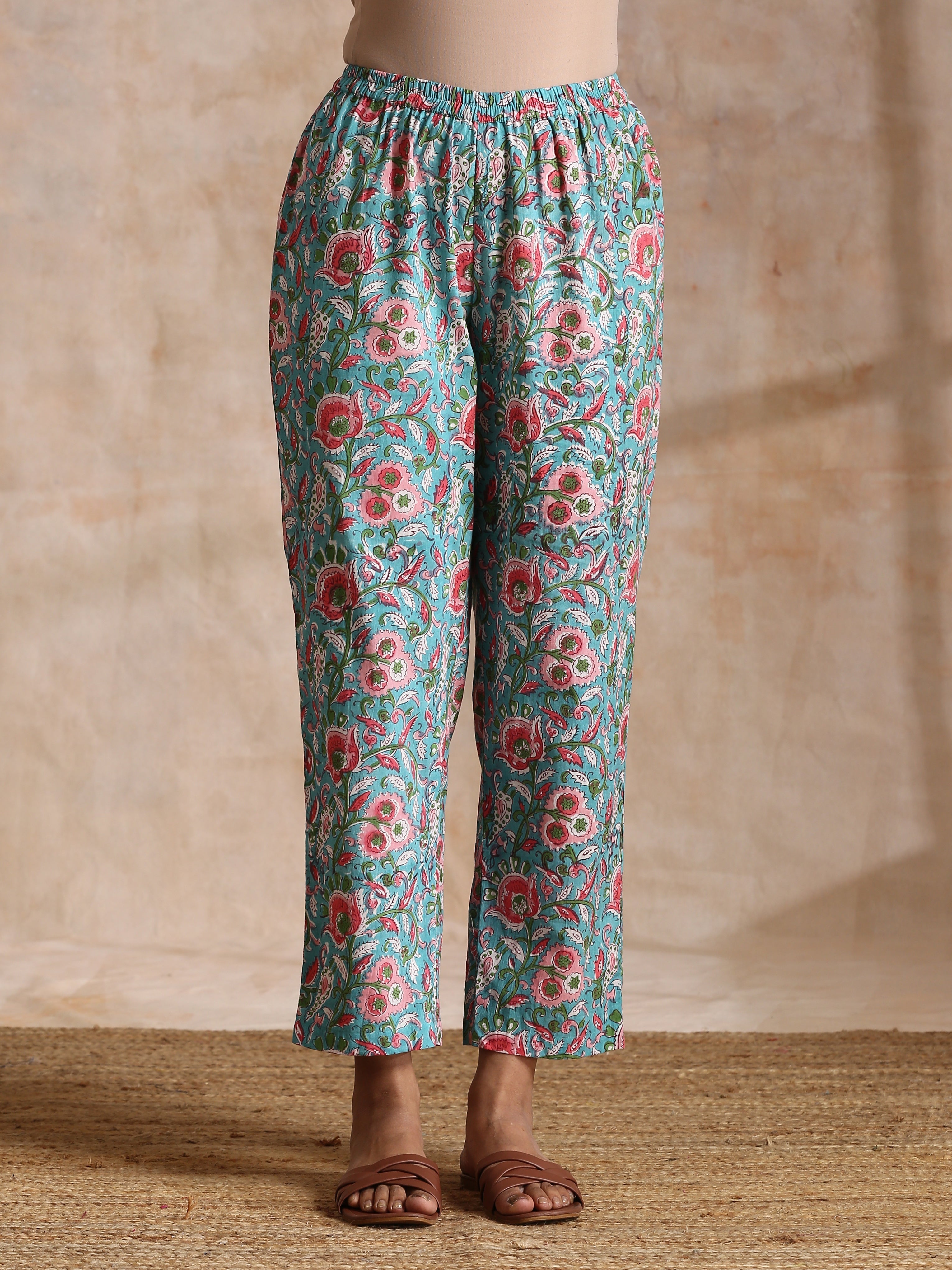 trueBrowns Turkish Blue Overall Floral Block Print Cotton Flared Kurta Pant Set | Grocsy