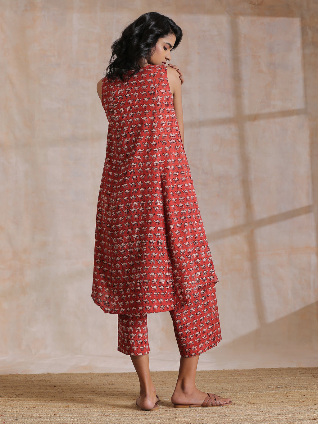trueBrowns Rust Red Bagru Camel Print Cotton High-Low Co-Ord Set | Grocsy