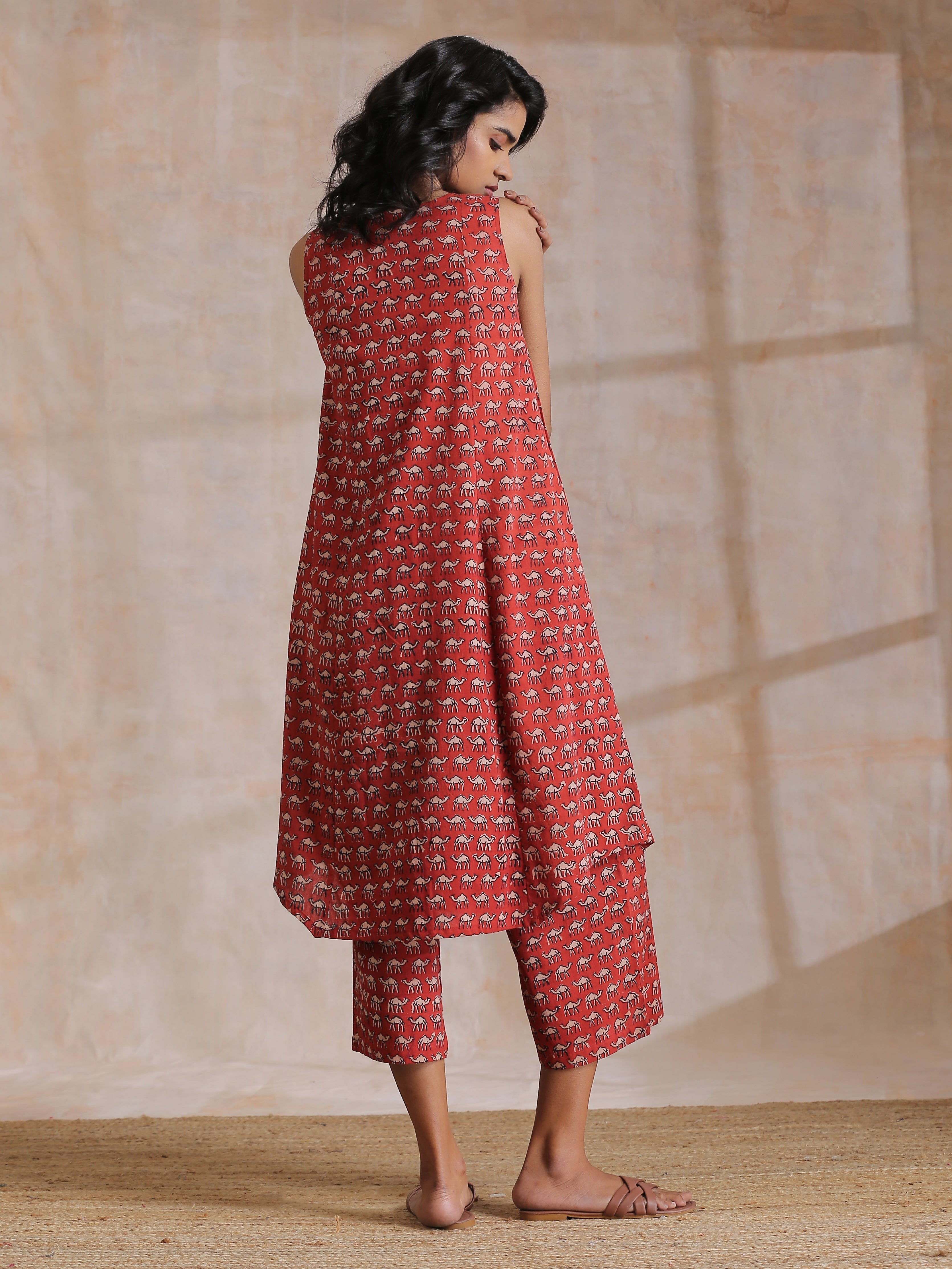 trueBrowns Rust Red Bagru Camel Print Cotton High-Low Co-Ord Set | Grocsy