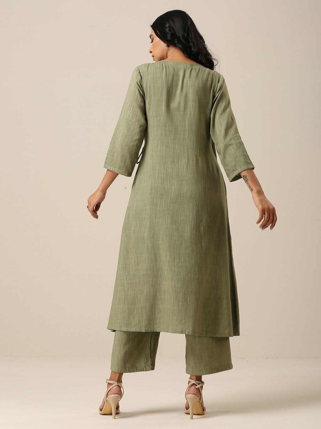 trueBrowns Sage Slub Texture Angrakha Pant Set | Grocsy