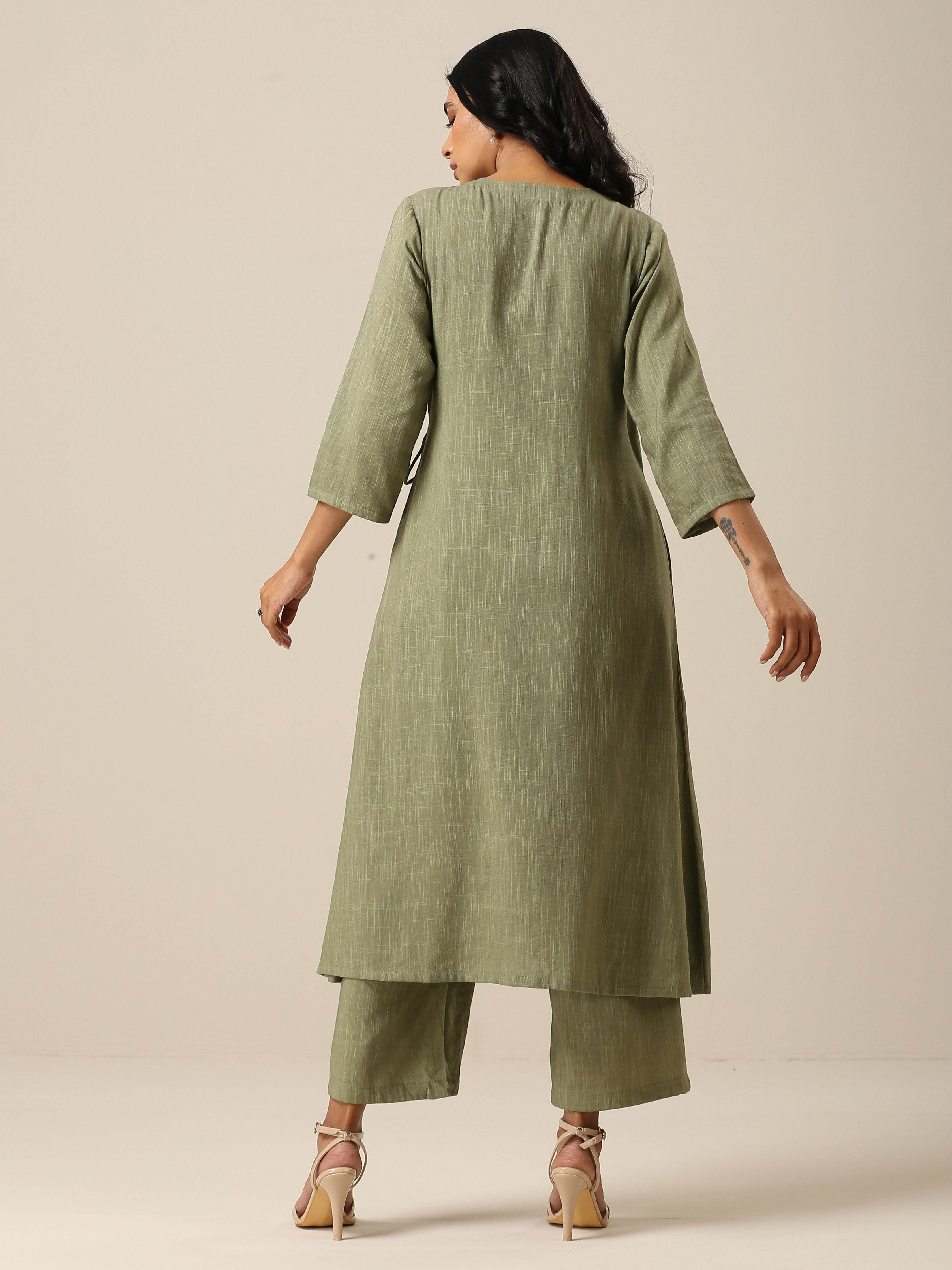 trueBrowns Sage Slub Texture Angrakha Pant Set | Grocsy