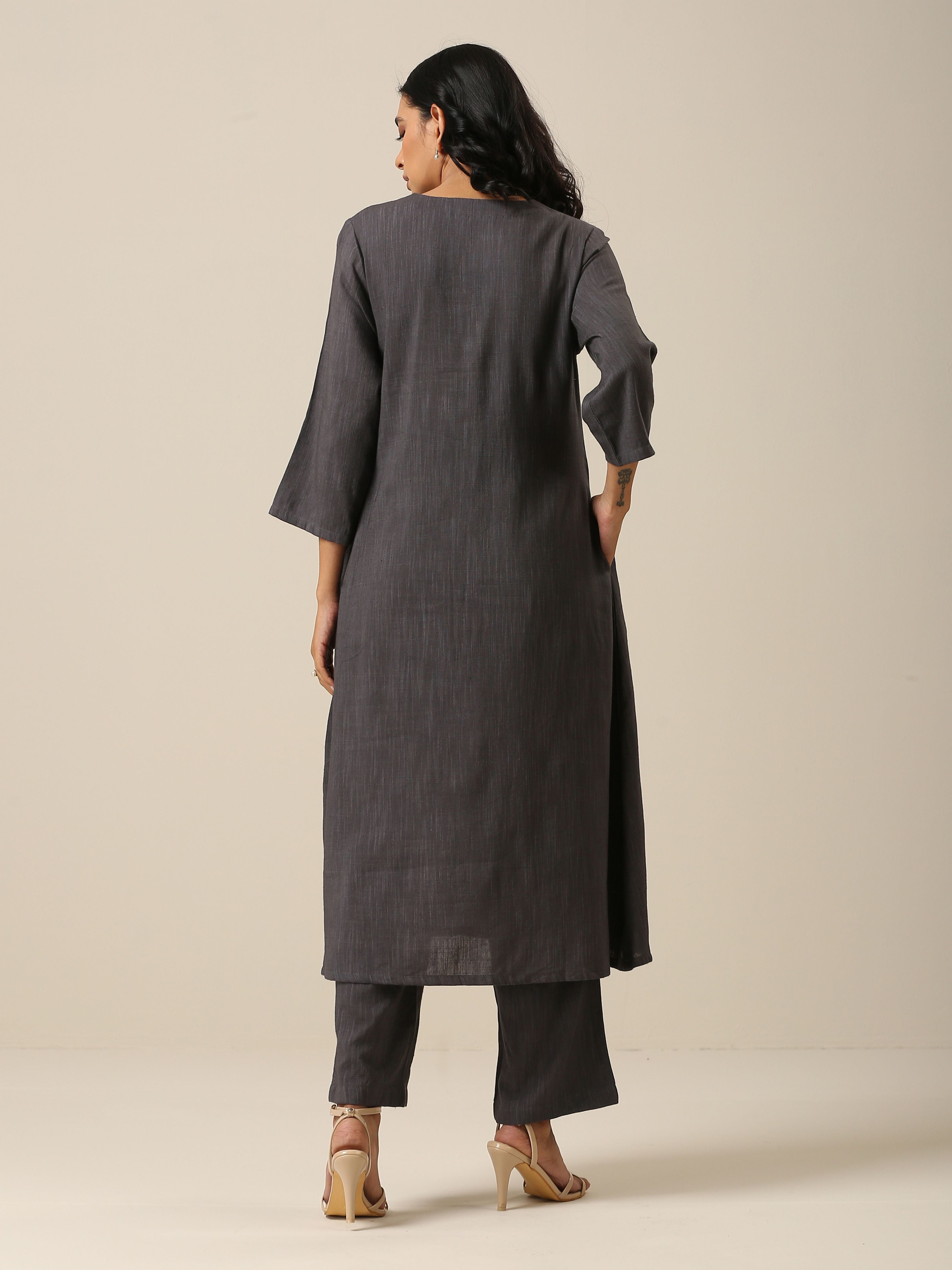 trueBrowns Slate Grey Slub Texture Overlap Pleat Kurta Pant Set | Relove | Grocsy