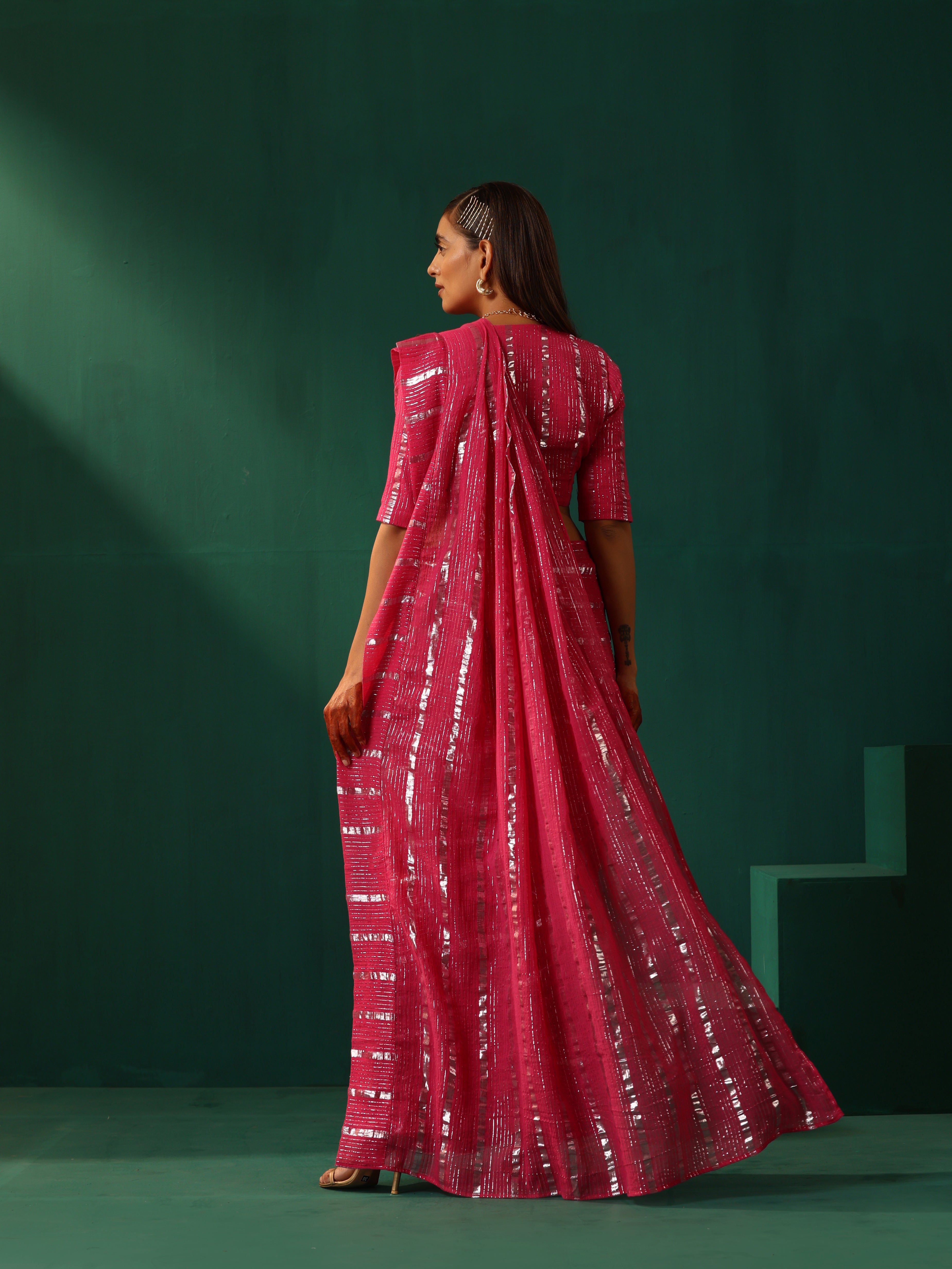 trueBrowns Rani Pink Cotton Silver Lurex Striped Ready to Wear Saree | Grocsy