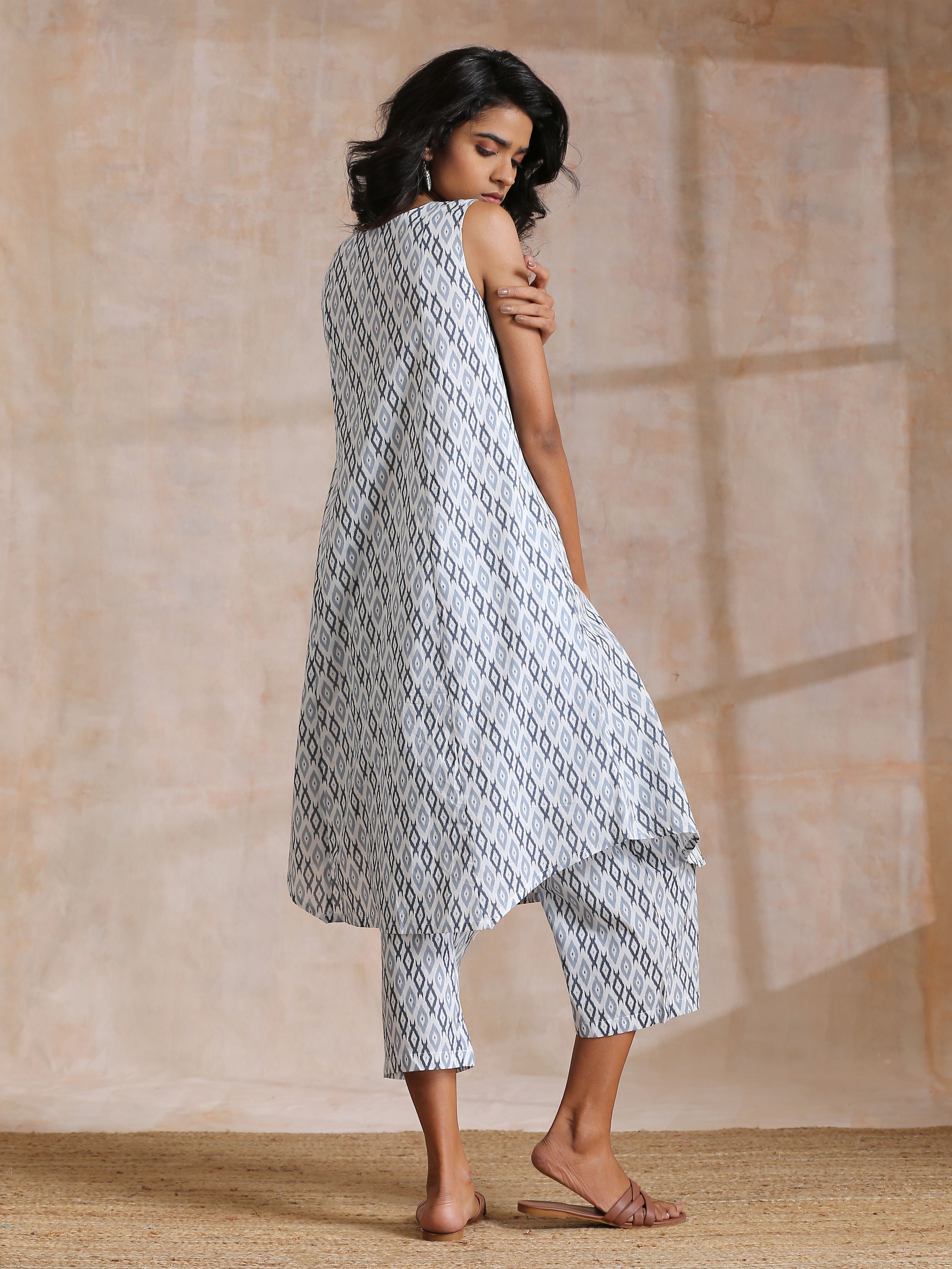 trueBrowns Multi Grey On Grey Ikat Print Cotton High-Low Co-Ord Set | Grocsy