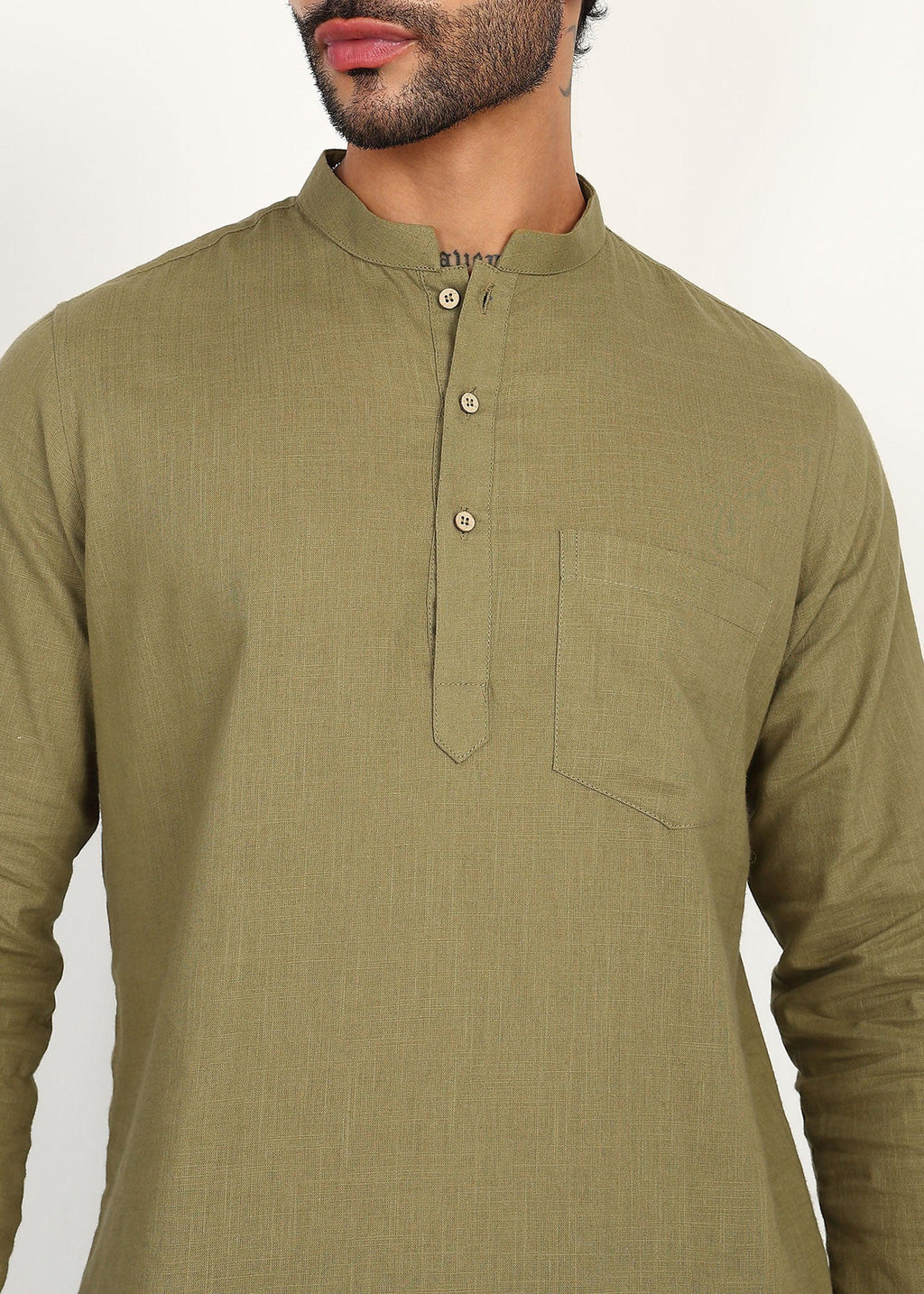Fabmade Olive Root Linen Short Kurta | Grocsy