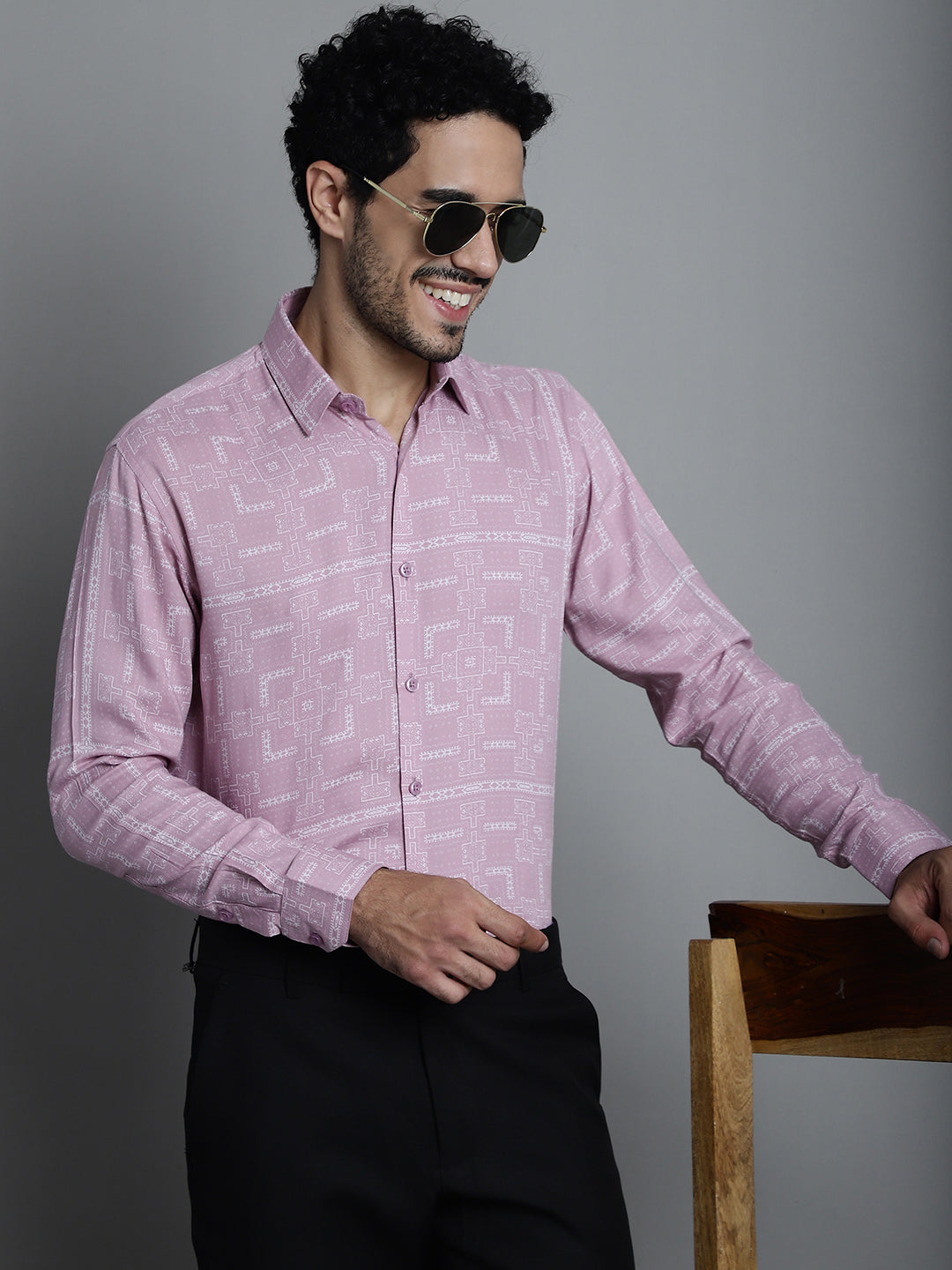 Jainish Men's Geomatric Printed Formal Shirts - Magenta | Grocsy