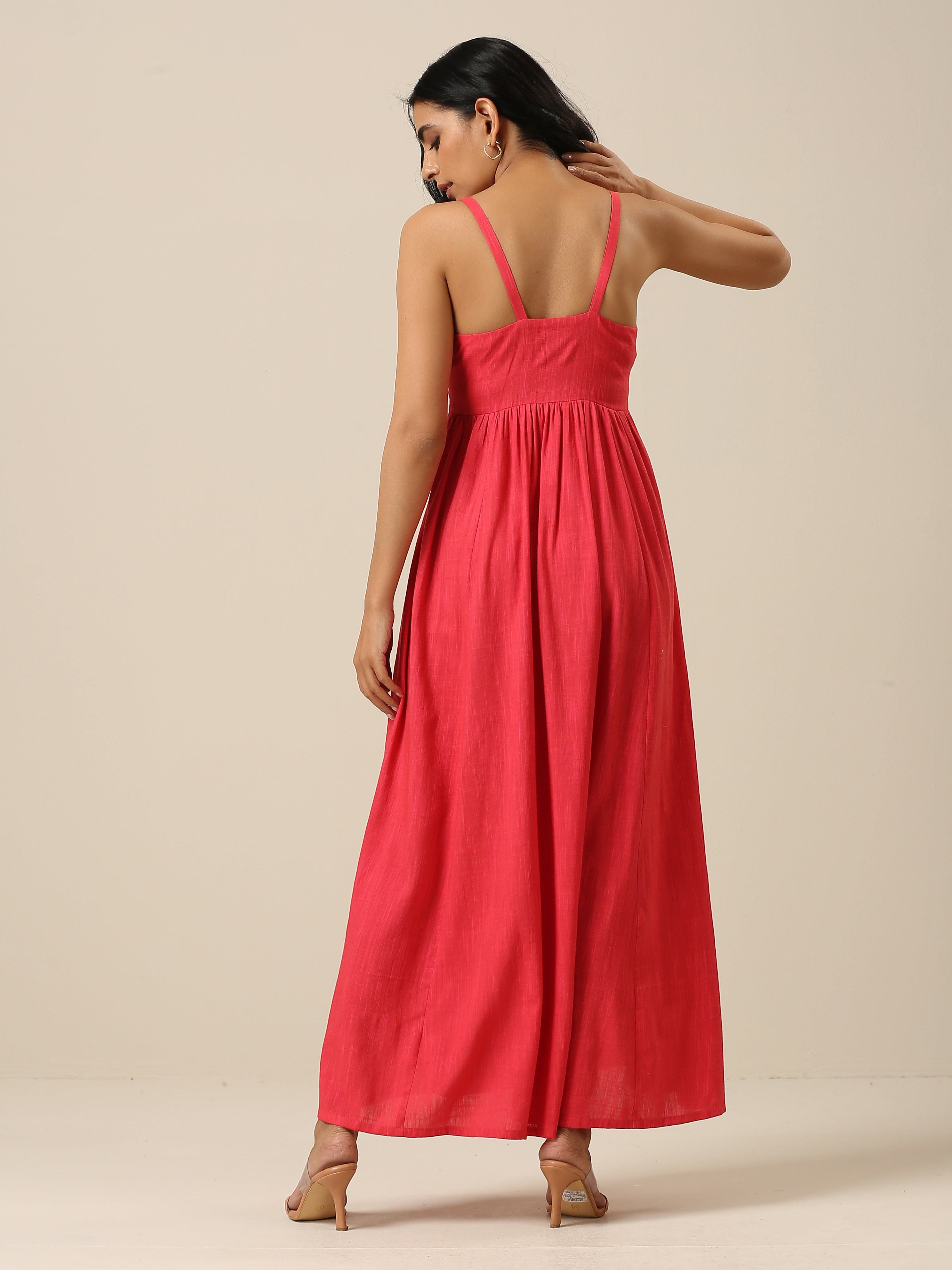 trueBrowns Bright Pink Slub Texture Sleeveless Dress | Grocsy