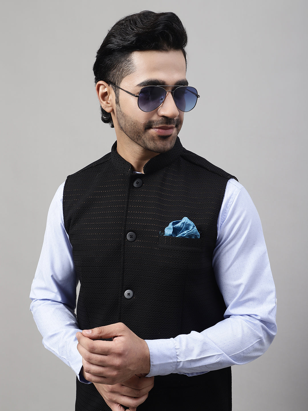 Even Apparels Men's Black Nehru Jacket With Welt Pockets | Grocsy