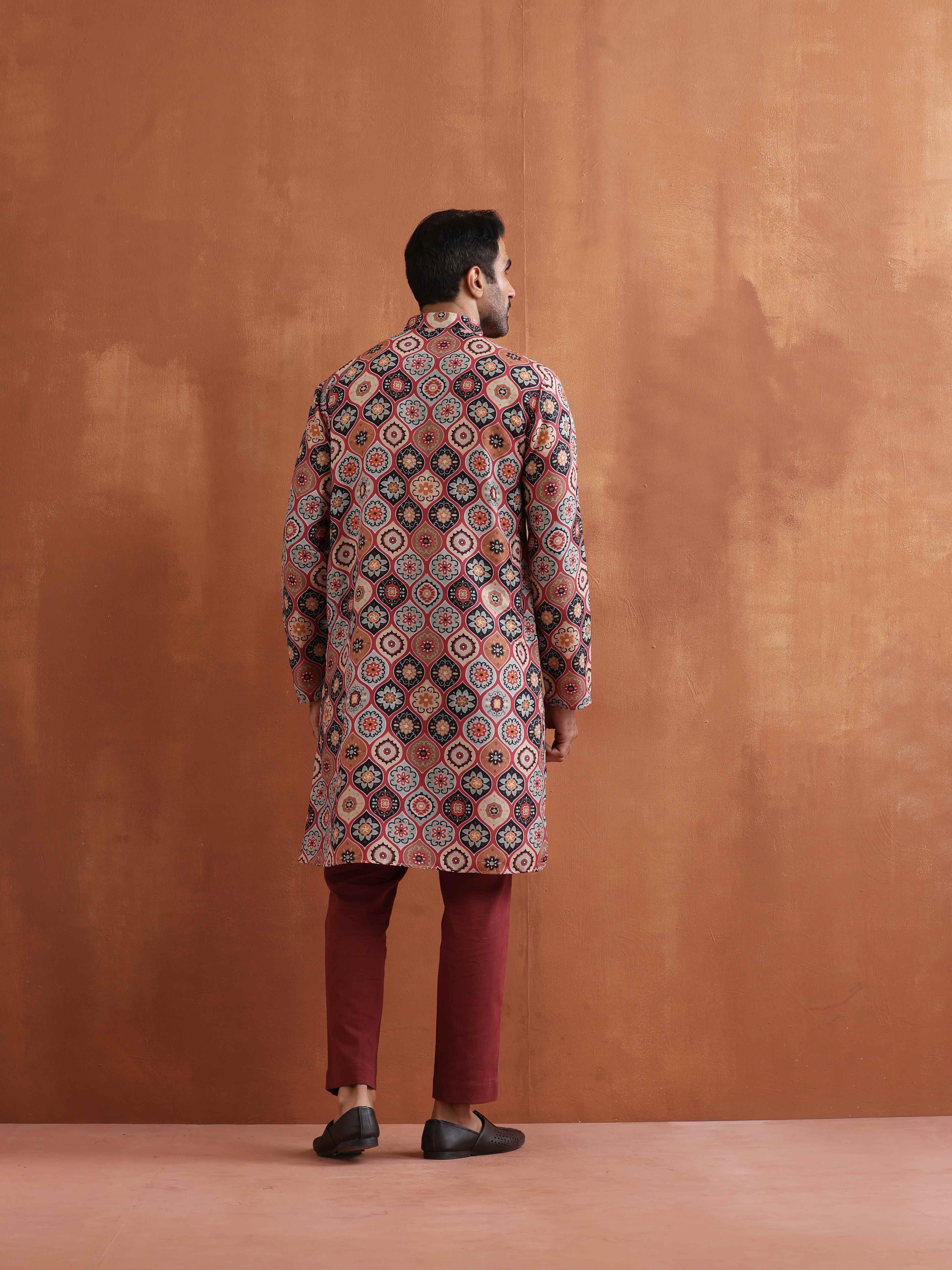 trueBrowns Men's Rust Geometric Printed Kurta | Grocsy